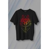 Bozkurt Kurt Kafası Wolf Sarı Kırmızı Baskılı Tişört Unisex T-Shirt - Siyah - XL