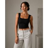 Bozz&Bozz Kadın Siyah Fitilli Kare Yaka Crop Atlet | Basic Ribana Esnek Kumaş