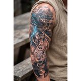 BP Tattoo Gerçekçi Aslan, Saat ve Savaş Temalı Kol Kaplama Geçici Dövme