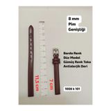 Brality 8 mm Uyumlu Kol Saati Kordonu - Bordo Renk DÜZ Model - GÜMÜŞ Renk Toka