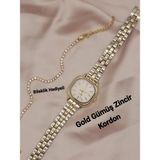 Brality Modern Moda Kadın Kol Saati Vintage Oval Gold Kasa- Gold-Gümüş Zincir Kordon TT0054 - 20 cm