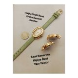 Brality SAAT KENARINA KİŞİYE ÖZEL YAZI YAZILIR , Roma Rakamlı Vintage Kadın Kol Saati Retro Çağla Yeşil RENK Kordon , Gold Renk Kasa , Beyaz Renk Kadran