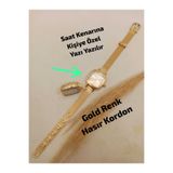 Brality SAAT KENARINA KİŞİYE ÖZEL YAZI YAZILIR , Yeni Vintage Tasarım- Kadın Kol Saati Gold Kasa- Gold Renk HASIR Kordon- Beyaz Renk Kadran