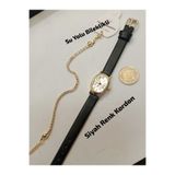 Brality Vintage Minimal Oval Gold Renk Kasa - Siyah Renk Kordon Kadın Kol Saati - SU YOLU BİLEKLİKLİ