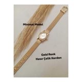 Brality Vintage Tasarım - Gold Renk HASIR Kordon- Gold Renk Kasa Kadın Kol Saati , Beyaz Renk Kadran