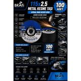 BRATİ HAND TOOLS 115X2,5 Metal Kesme Taşı 100 Adet Spiral Taşlama Demir Kesme Inox Kesici Kesme Diski 115X2,5X22,23