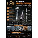 Brati Hand Tools 5,5X32 Çatı Panel Vidası Trapez Sac Vidası Matkap Uçlu Sac Çatı Panel Metal Vida 100 Adet Adaptörlü