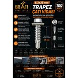 Brati Hand Tools 6.3X38 Trapez Çatı Vidası Panel Vidası M10 Adaptörlü 100 Adet Trapez Vida Çatı Vidası