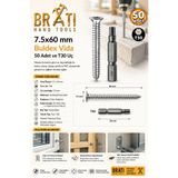 BRATİ HAND TOOLS 7.5x60 mm Buldex Vida 50 Adet Sivri Uçlu Dübelsiz Beton Vidası Tork Duvar Vidası Buldeks Ve T30 x 50 mm Uç