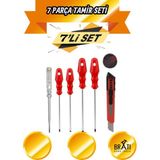 BRATİ HAND TOOLS 7 Parça Tamir Seti / 4'lü Tornavida Seti Kontrol Kalemi Maket Bıçağı Elektrik Bandı