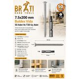 BRATİ HAND TOOLS Buldex Vida 7.5x200 mm 50 Adet Sivri Uçlu Dübelsiz Beton Vidası Torx Duvar Vidası Buldeks Ve T30x50mm Tork Uç