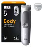 Braun Bodygroomer Series 5, 2 Aksesuarlı Erkek Elektrikli Vücut Tıraş Makinesi, Mahrem Bölge Ve Vücut İçin Kablosuz Düzeltici, 100 Dakikalık Pil, Su Geçirmez Vücut Kılı Düzeltici, Bg5500, Gri