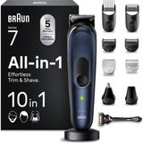 Braun Giyotin Seti 7,10'u 1 Arada Çoklu Bakım,sakal Kesme Makinesi, Burun Kılı Kesme Makinesi,yüz,baş ve Vücut Için Saç Kesme Makinesi, 100 Dak. Pil, 14 Uzunlukta (3-21 Mm), Su Geçirmez, MGK7410, Mavi