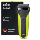 Braun Series 3 300S Elektrikli Tıraş Makinesi, 3 Esnek Bıçaklı, Şarj Edilebilir Ve Kablosuz, Yıkanabilir Folyolu Elektrikli Tıraş Makinesi, Siyah/Elektrik Yeşili (1'Li Paket)