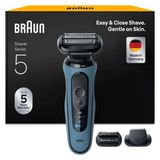Braun Series 5 Erkekler Için Elektrikli Tıraş Makinesi, 50 Dk. Pil Ömrü, +2 Aparat, Erkekler Için Kablosuz Islak ve Kuru Tıraş Makinesi, Almanya'da Üretilmiştir, Su Geçirmez, 52-A1820SI, Gök Mavisi