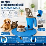Brave Paws Hazneli Kedi Kumu Küreği + Silikon Mama Matı Seti | Çöp Poşeti Hazneli, Kaydırmaz, Yıkanabilir Kedi & Köpek Mama Aksesuarı - Mavi