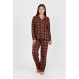 Bravie Luxury Soft Kahverengi Ekose Desenli Uzun Kollu Kadın Pijama Takımı – Büyük Beden 3009