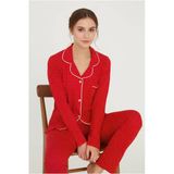 Bravie Luxury Viscose Kırmızı Puantiye Desenli Kadın Uzun Kollu Pijama Takımı – 42563
