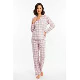Bravie Luxury Viscose Pembe Ekose Desenli Kadın Uzun Kollu Büyük Beden Pijama Takımı – 42531