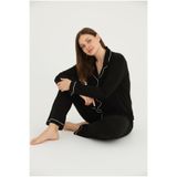 Bravie Luxury Viscose Siyah Beyaz Biyeli Kadın Uzun Kollu Büyük Beden Pijama Takımı – 42501