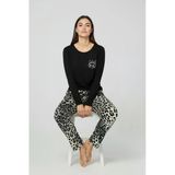Bravie Üstü Yazılı Altı Leopar Desenli Elite Viscose Pijama Takımı Uzun Siyah 3551