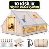 BRAVİON 10 Kişilik 4 Mevsim Şişme Kamp Çadırı Baca Çıkışlı, Su Geçirmez, Geniş Aile ve Glamping Çadırı - Bej