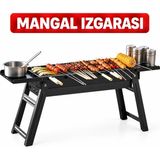 BRAVİON Katlanabilir Portatif Mangal Izgarası Yan Tepsili, Ayaklı, Paslanmaz Çelik Izgaralı 4-6 Kişilik Barbekü MAKAMP037 - Siyah