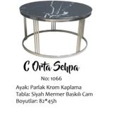 Brc 13350 Orta Sehpa C Model Siyah Mermer Temper Cam Metal Gümüş Renk El Yapım