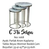 Brc Eko C 13382 3'lü Beyaz Mermer Desen Metal Parlak Krom Ayak El Yapı Zigon Sehpa