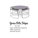 Brc Yonca 17548 Düz Siyah Temper Cam Metal Gümüş Renk Kaplama El Yapım Zigon Orta Sehpa