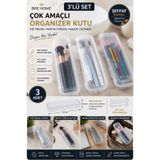 BRE HOME 3'lü Şeffaf Organizer Kutu 23x5,5 cm Diş Fırçası Makyaj Fırçası Kalemlik Seyahat Kutusu