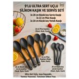 BRE HOME 9 Parça Tamamen Silikon Servis Seti - 3 Boy Ultra Sert Uçlu Isıya Dayanıklı Yanmaz Yapışmaz Büyük Boy Servis, Pilav ve Yemek Kaşığı Seti (Siyah)