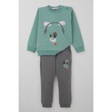 Breeze Erkek Bebek Eşofman Takımı Kulaklıklı Köpekçik Nakışlı 9 Ay-3 Yaş, Su Yeşili