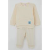 Breeze Erkek Bebek Pijama Takımı Omuzdan Patlı Kanguru Cepli Sevimli Fil Armalı 4 Ay-1 Yaş, Krem - 6 Ay