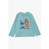 Breeze Erkek Bebek Uzun Kollu Tişört Ayıcık Baskılı Yazı Nakışlı 9 Ay-3 Yaş, Turkuaz