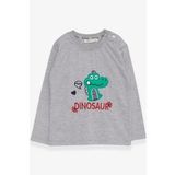 Breeze Erkek Bebek Uzun Kollu Tişört Dinozor Nakışlı 9 Ay-3 Yaş, Gri Melanj