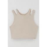 Breeze Kız Çocuk Crop Tişört Çift Askı Omuz Detaylı 9-16 Yaş, Bej - 10 Yaş