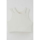 Breeze Kız Çocuk Crop Tişört Çift Askı Omuz Detaylı 9-16 Yaş, Ekru - 14 Yaş
