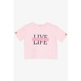 BREEZE Kız Çocuk Crop Tişört Kolları Düğme Aksesuarlı Simli Yazı Baskılı 9-16 Yaş, Pembe