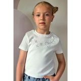 Breeze Kız Çocuk Crop Tişört Taşlı Fiyonk Baskılı 7-12 Yaş, Ekru - 8 Yaş