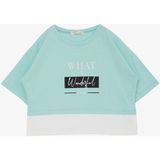 Breeze Kız Çocuk Crop Tişört Yanları Yırtmaçlı Yazı Baskılı 9-14 Yaş, Su Yeşili - 10 Yaş
