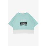 BREEZE Kız Çocuk Crop Tişört Yanları Yırtmaçlı Yazı Baskılı 9-14 Yaş, Su Yeşili
