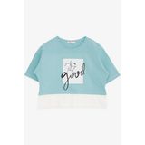 Breeze Kız Çocuk Crop Tişört Yazı Baskılı Yanları Yırtmaçlı 9-14 Yaş, Mint Yeşili - 9 Yaş