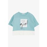 BREEZE Kız Çocuk Crop Tişört Yazı Baskılı Yanları Yırtmaçlı 9-14 Yaş, Mint Yeşili