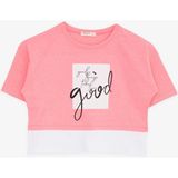 Breeze Kız Çocuk Crop Tişört Yazı Baskılı Yanları Yırtmaçlı 9-14 Yaş, Neon Pembe - 10 Yaş