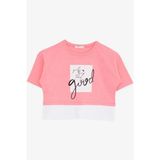 Breeze Kız Çocuk Crop Tişört Yazı Baskılı Yanları Yırtmaçlı 9-14 Yaş, Neon Pembe - 11 Yaş