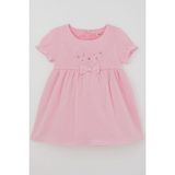 Breeze Kız Çocuk Elbise Çiçek Nakışlı Kolları Lastikli Fiyonk Aksesuarlı 1-4 Yaş , Pembe - 1,5 Yaş