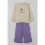 Breeze Kız Çocuk Eşofman Takımı Özgüven Temalı Pırıltılı Laleler Baskılı 1.5-5 Yaş, Krem - 2 Yaş