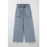 Breeze Kız Çocuk Jean Pantolon Geniş Paça Düğmeli Paçası Püskül Detaylı 10-14 Yaş, Açık Mavi