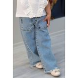 Breeze Kız Çocuk Jean Pantolon Geniş Paça Düğmeli Paçası Püskül Detaylı 5-9 Yaş, Açık Mavi - 6 Yaş
